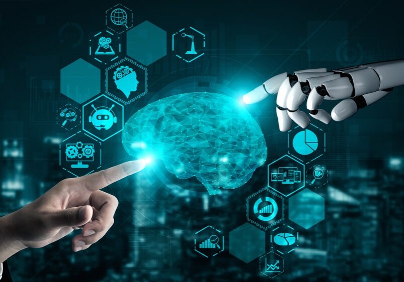 artificial intelligence AI research of robot and cyborg development for future of people living